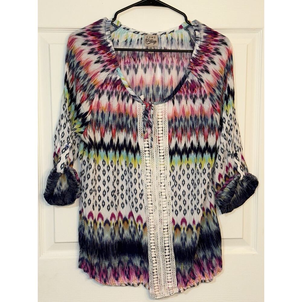 Como Vintage Boho Peasant Artsy‎ Blouse Tie Neck with Crochet Detail Size XXL